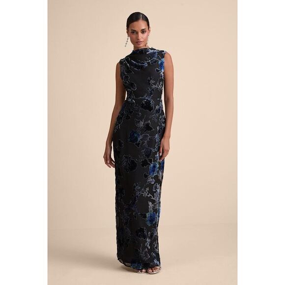 NWT Lulus Glamour Blue And Black Floral Burnout Velvet Maxi Dress - Size S - Picture 1 of 1